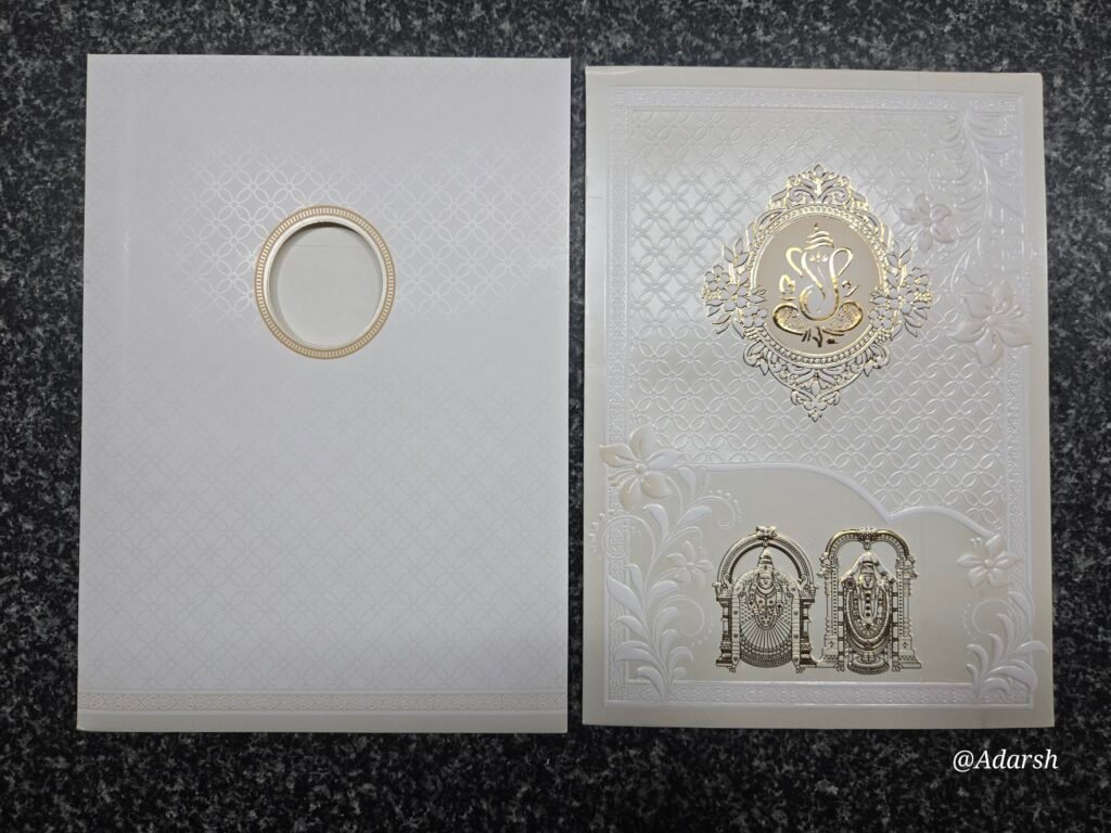 White Shimmer Embossed Ganesha Balaji Wedding Card
