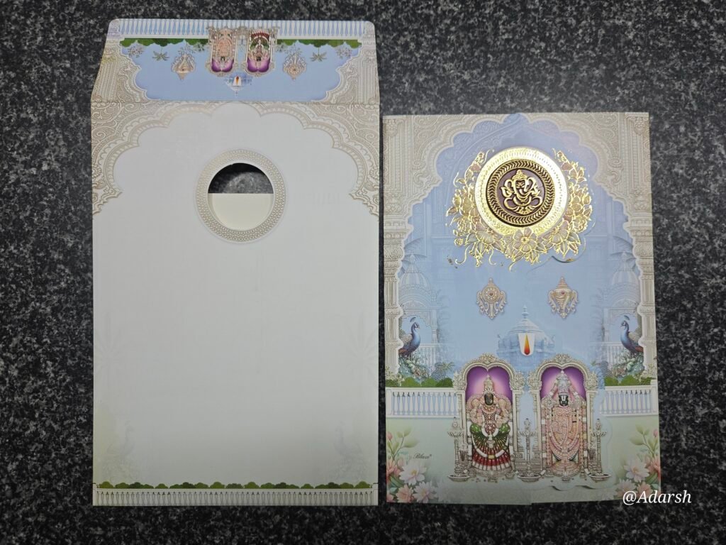 Pastel Blue Tirupati Balaji Temple Landscape Wedding Card