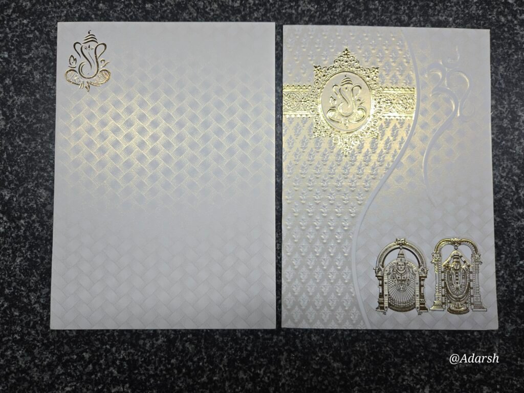 Cream/White Metallic Tirupati Balaji Foldable Wedding Card