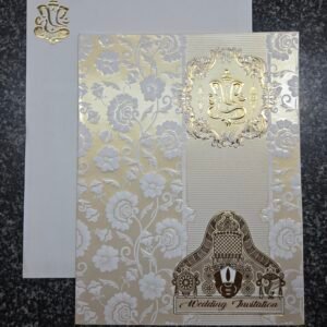 White Shimmer Embossed Floral Ganesha Balaji Wedding Card
