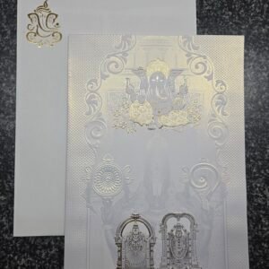 White Shimmer Multi-Embossed Ganesha Balaji Wedding Card