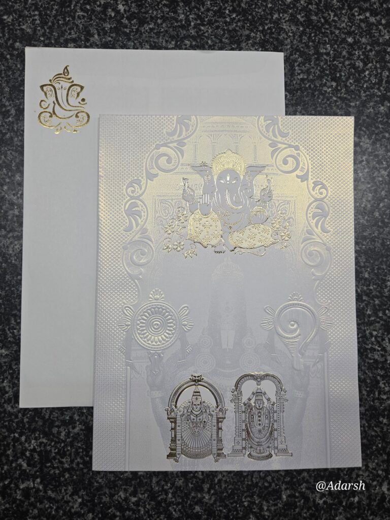 White Shimmer Multi-Embossed Ganesha Balaji Wedding Card