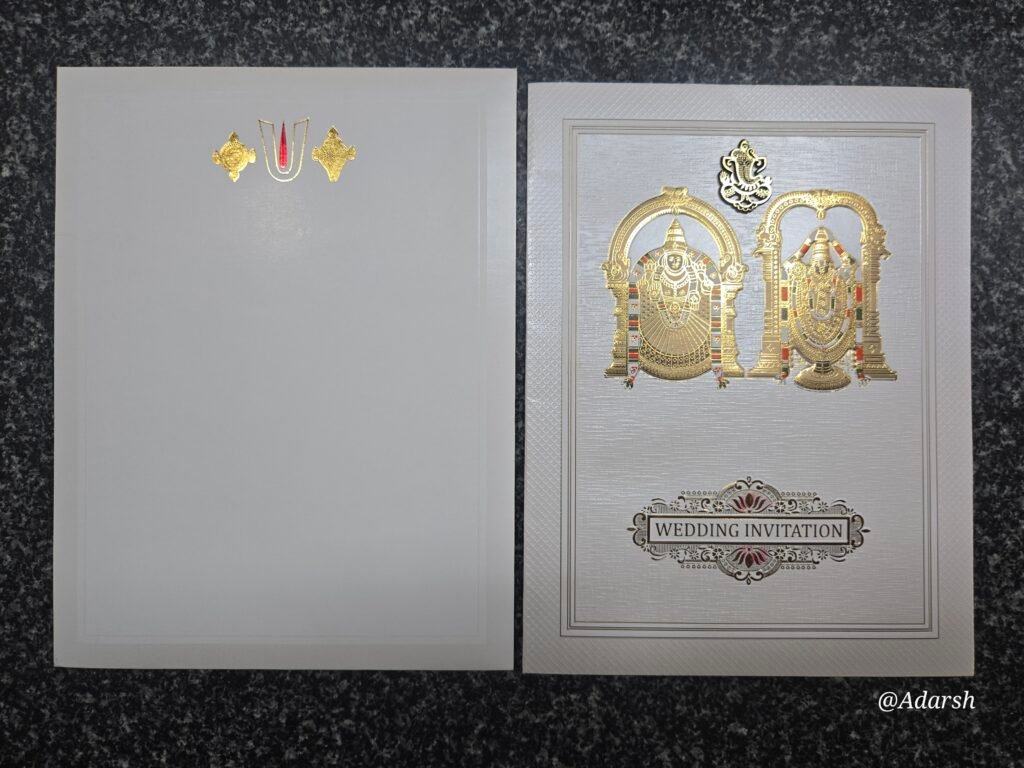 White Shimmer Linen Tirupati Balaji Hindu Wedding Card