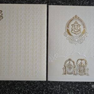 White Shimmer Embossed Tilak Ganesha Balaji Wedding Card
