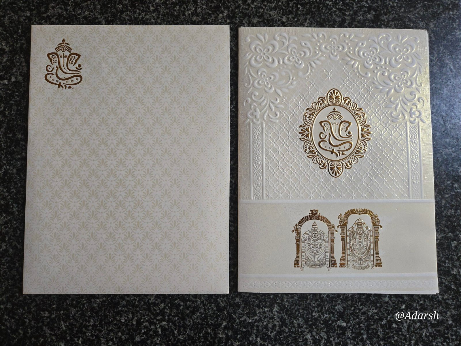 White Shimmer Embossed Lattice Ganesha Balaji Wedding Card