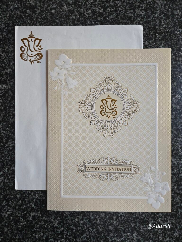 Cream Lattice Ganesha Wedding Card with Corner Florals