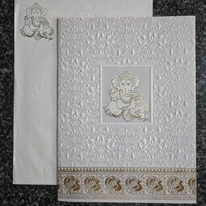White Damask Embossed Ganesha Wedding Card