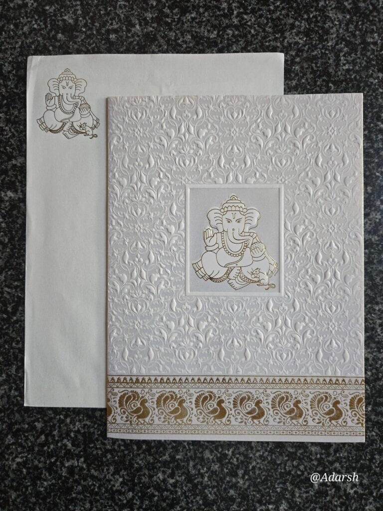 White Damask Embossed Ganesha Wedding Card
