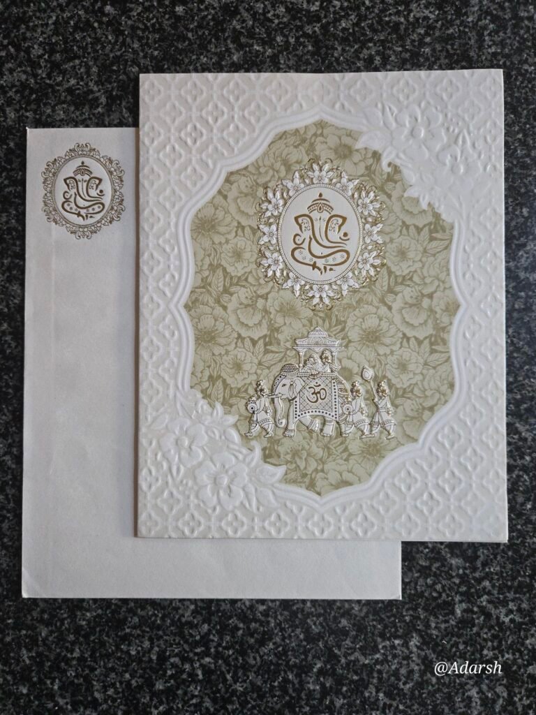 White & Olive-Green Floral Ganesha Wedding Card