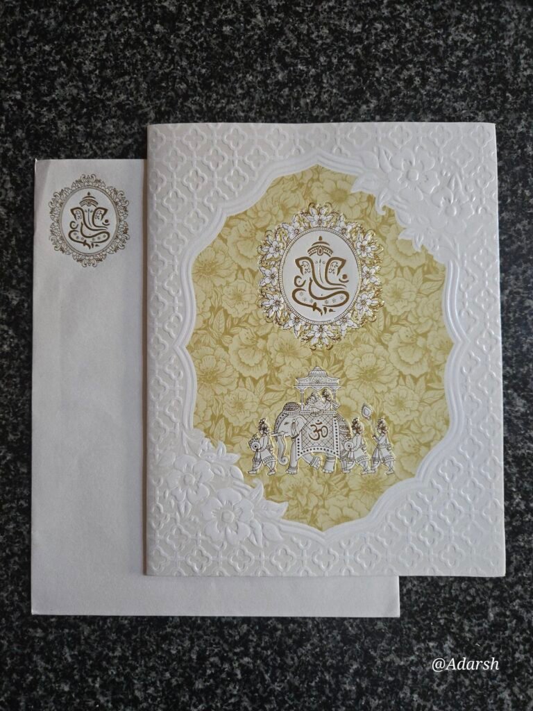 White & Golden-Yellow Floral Ganesha Wedding Card