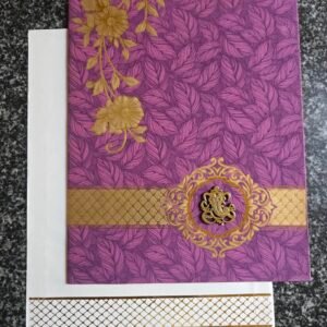 Purple Leaf Pattern Ganesha Wedding Card with Gold Band