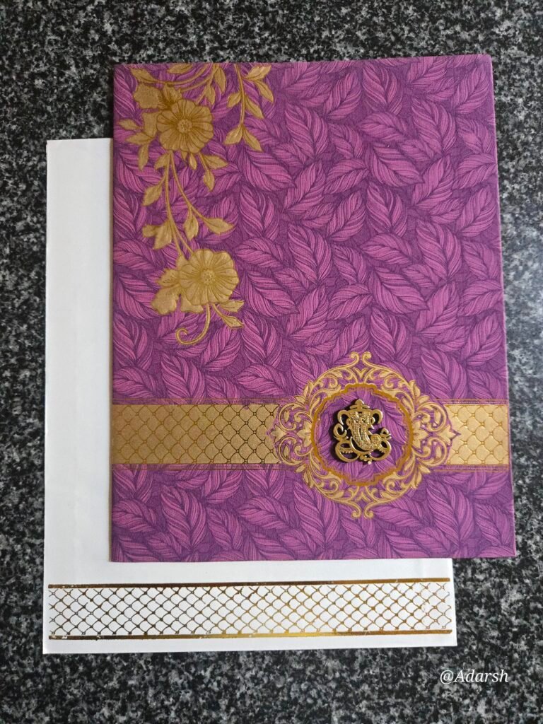 Purple Leaf Pattern Ganesha Wedding Card with Gold Band