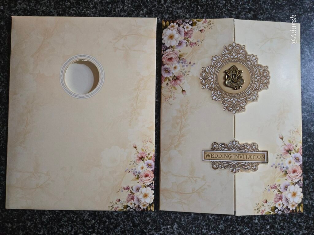 Cream Floral Ganesha Double Door Invitation Card