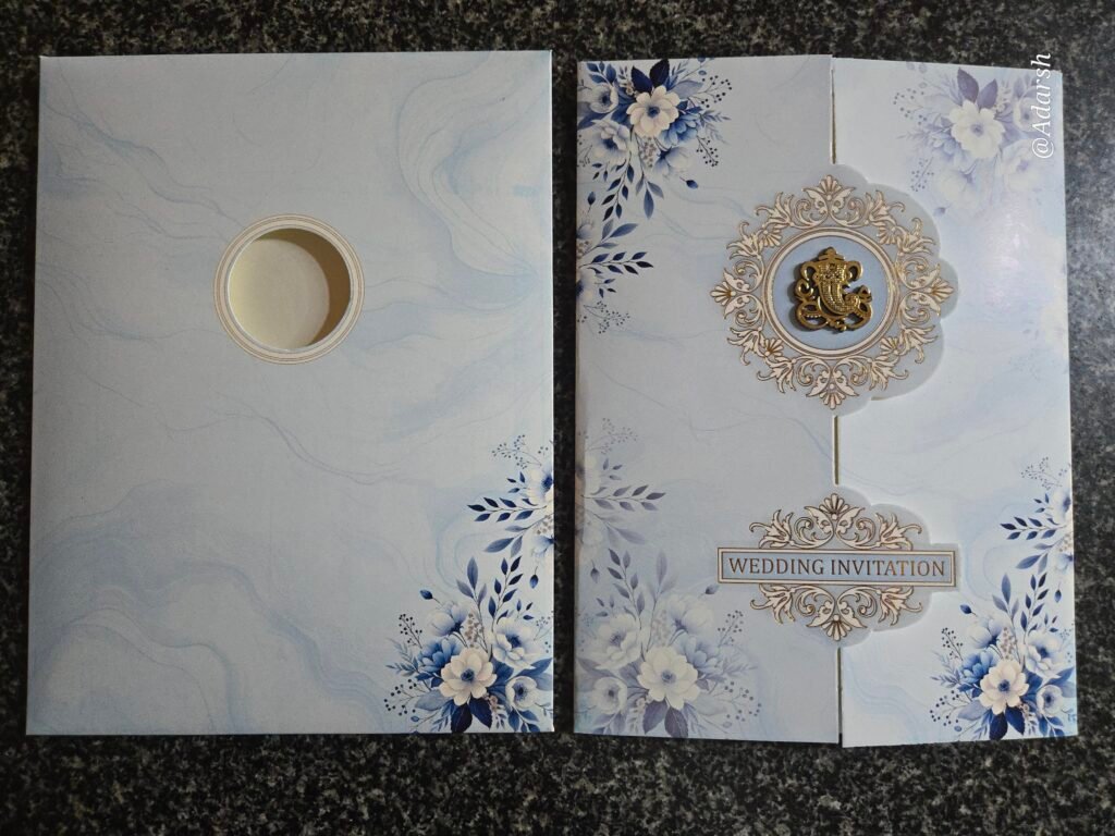 Blue Floral Ganesha Double Door Invitation Card