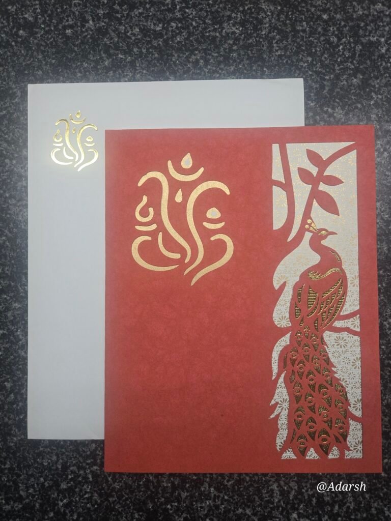 Red Laser-Cut Peacock Ganesha Wedding Card