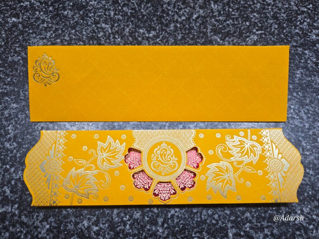 Golden Mustard Ganesha Lotus Leaf Window Wedding Card
