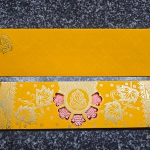 Golden Mustard Ganesha Lotus Leaf Window Wedding Card