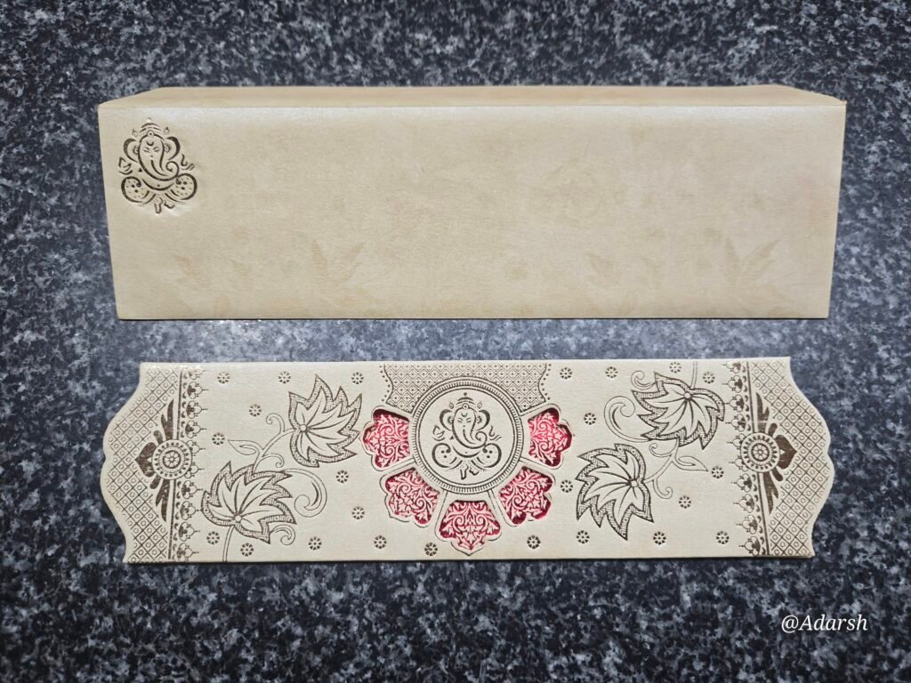 Beige Ganesha Lotus Leaf Window Wedding Card