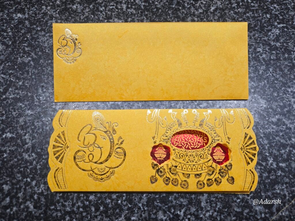 Golden Mustard Ganesha & Rice Urn Ritual Wedding Card