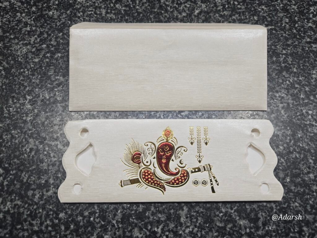 White Raw-Silk Texture Ganesha Flute Wedding Card