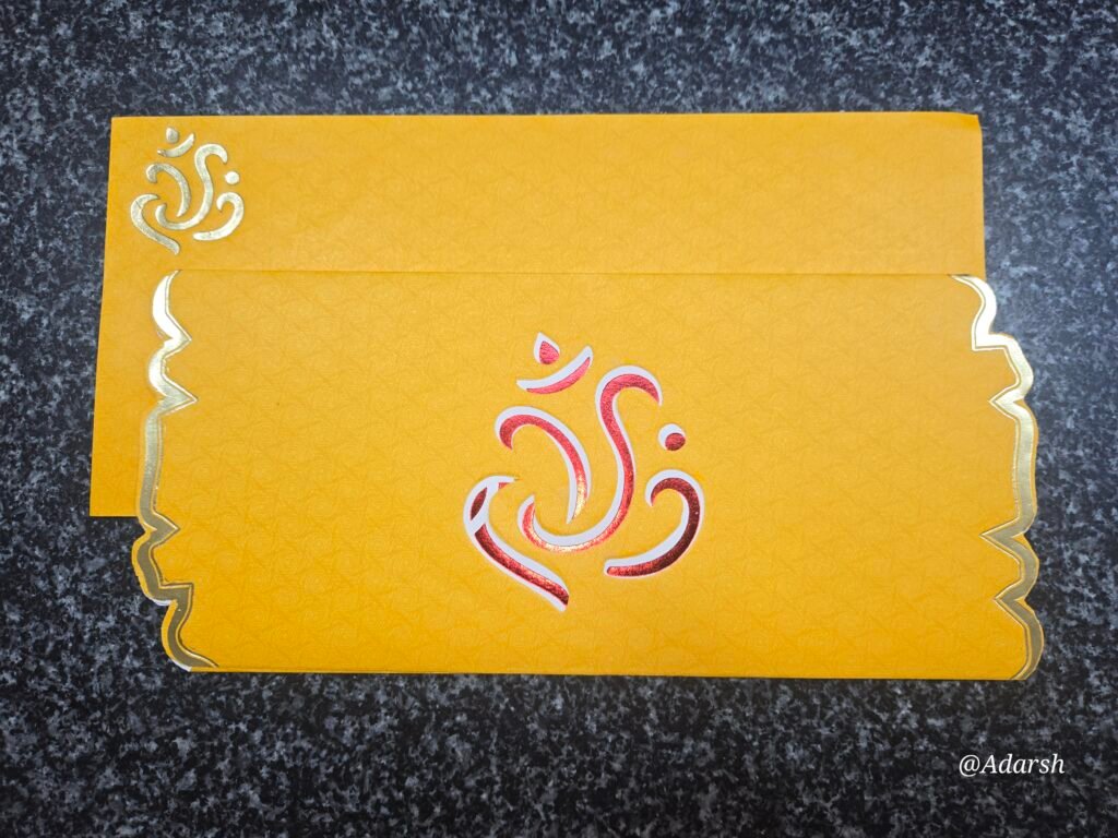 Ganesha Scalloped Edge Metallic Yellow Wedding Card