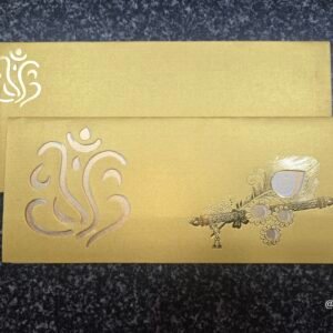 Ganesha Krishna Flute Metallic Gold Wedding Invitation Card