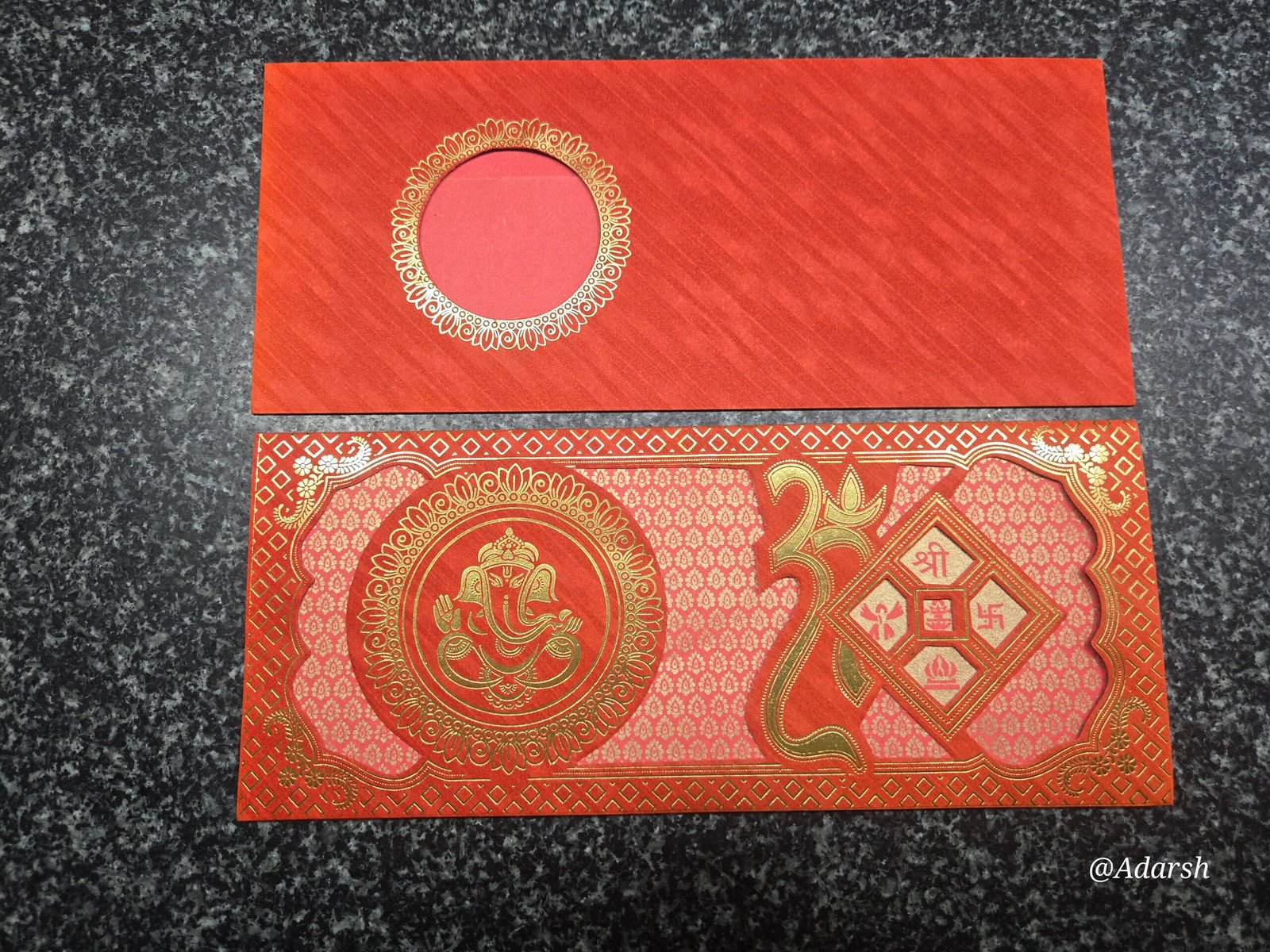 Ganesha Om-Shree-Swastika Die-Cut Red Wedding Card