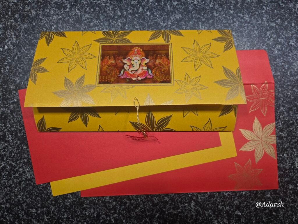 Ganesha Painting Mustard & Red Foldable Wedding Card