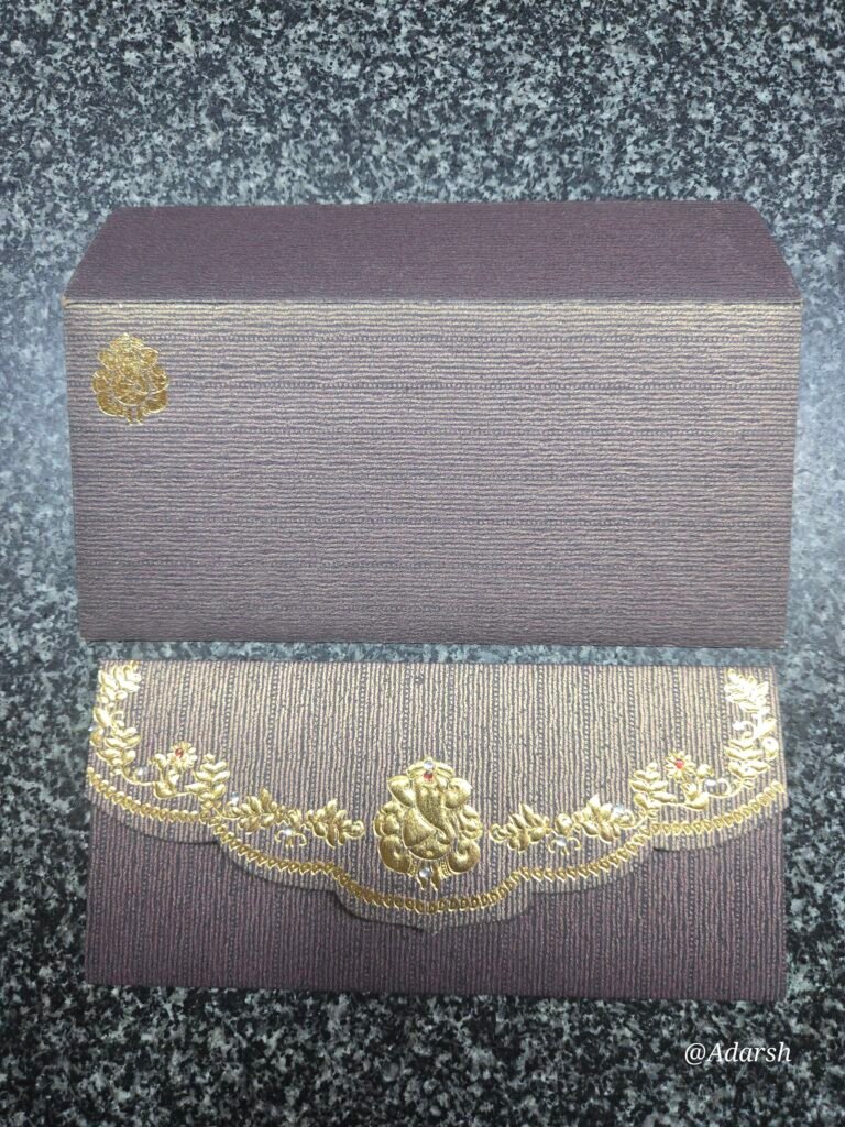 Coffee Brown Embroidered-Look Ganesha Wedding Invitation Card