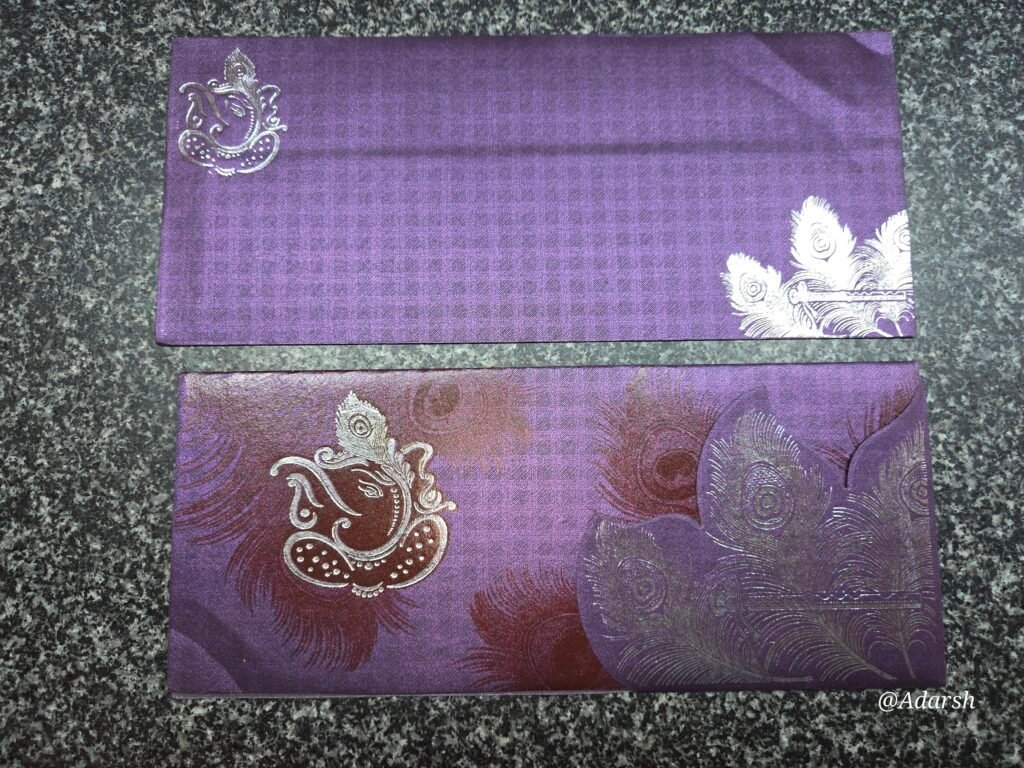 Purple Peacock Feather Ganesha Wedding Invitation Card