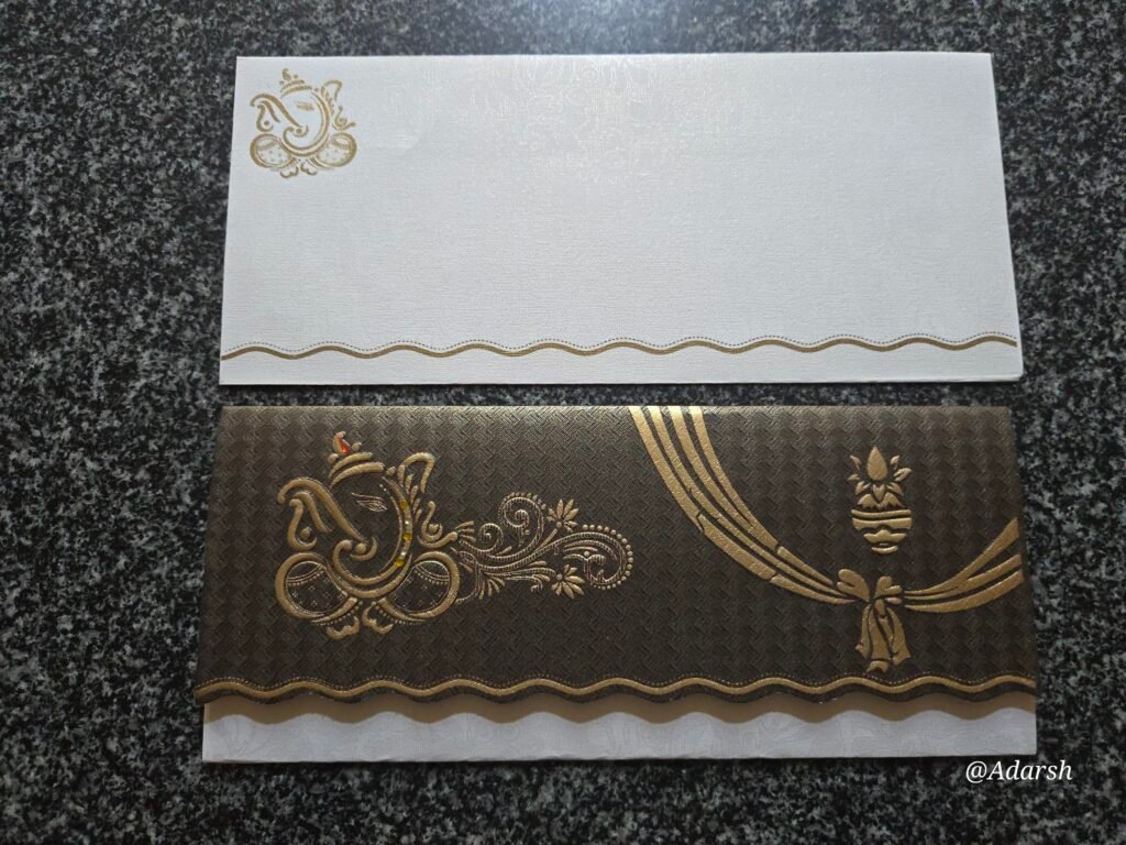 Dark Brown Chevron Scalloped Ganesha Wedding Invitation Card