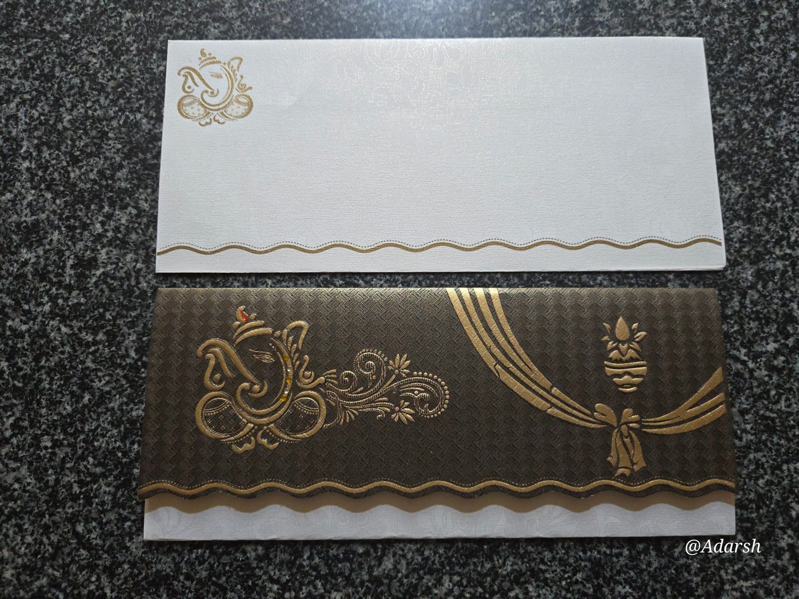 Dark Brown Chevron Scalloped Ganesha Wedding Invitation Card