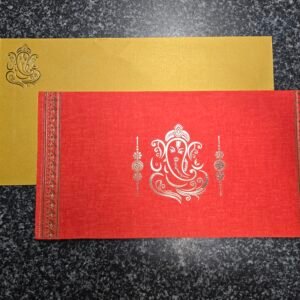 Red and Gold Silk-Textured Ganesha Wedding Invitation Card