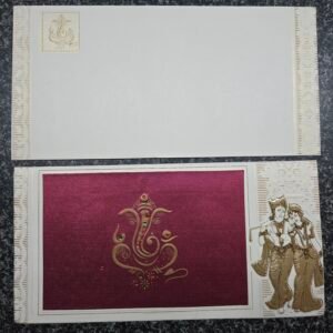 Maroon Satin Patch Radha Krishna Ganesha Wedding Invitation Card