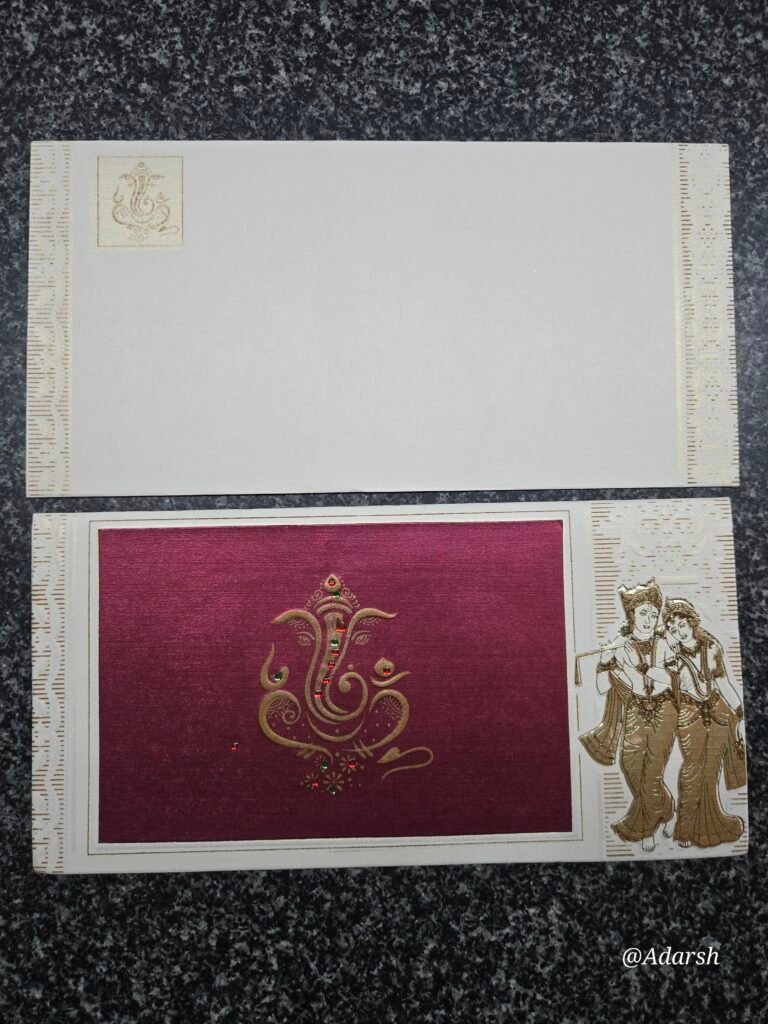 Maroon Satin Patch Radha Krishna Ganesha Wedding Invitation Card