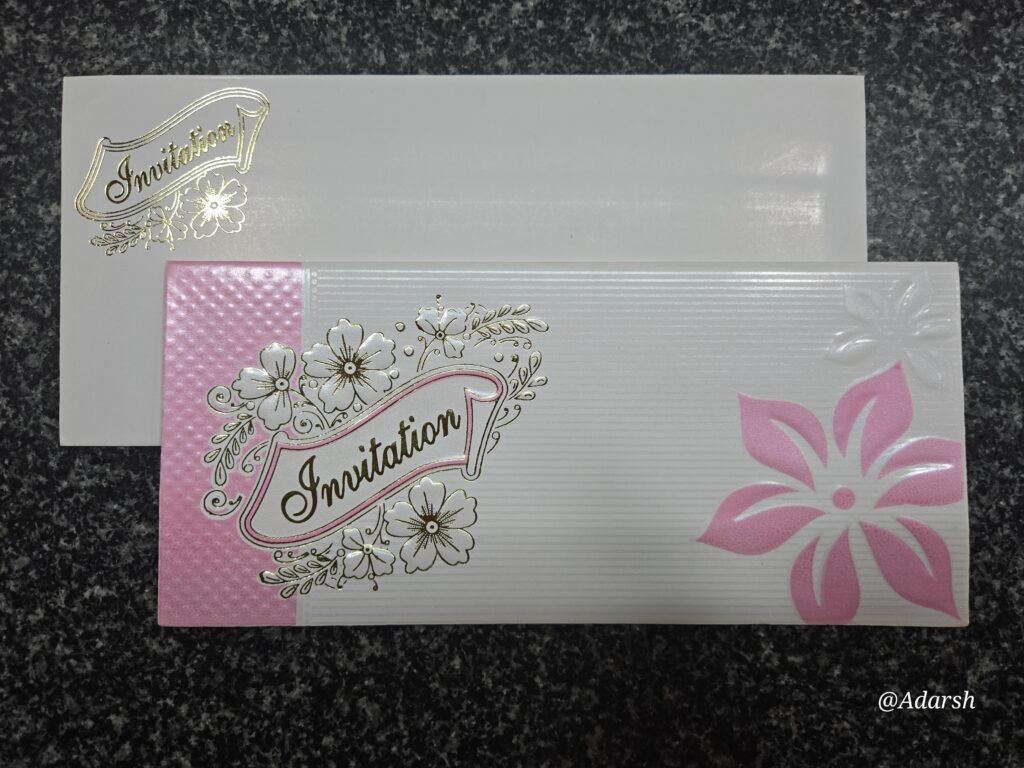 Pink Floral Banner Embossed Wedding Invitation Card