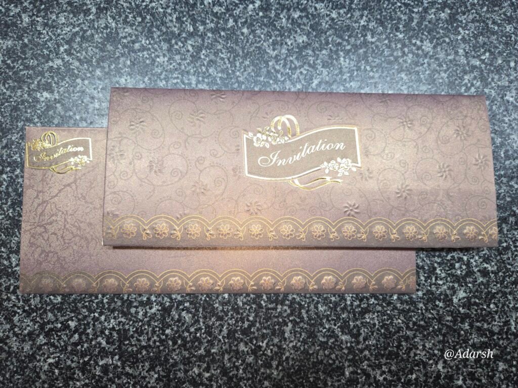 Coffee Brown Embossed Floral Banner Wedding Invitation Card