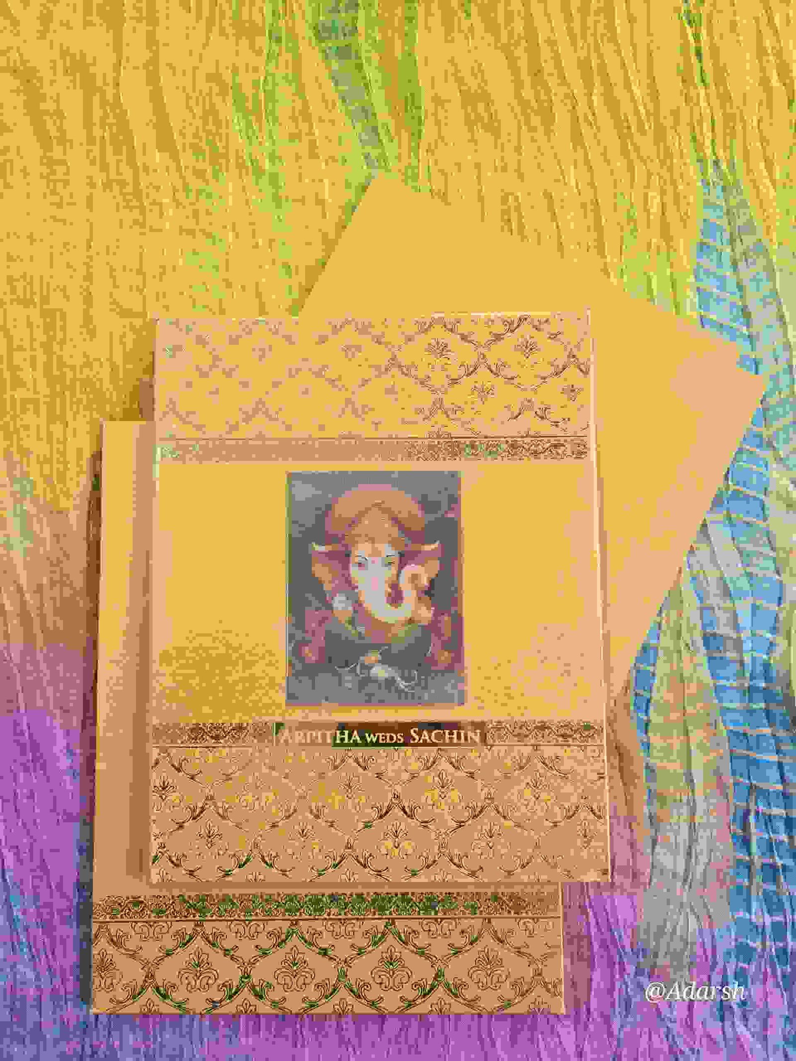 Premium Metallic Gold Damask Lord Ganesha Wedding Invitation Card