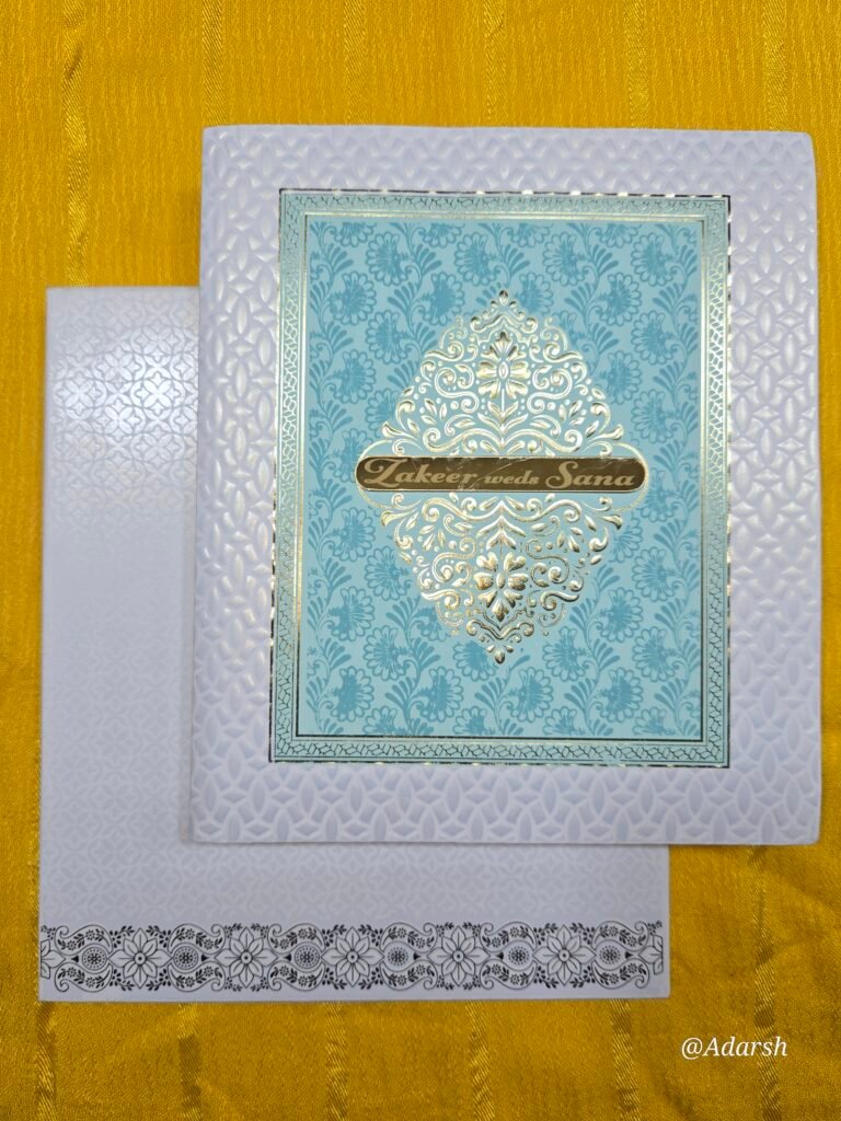 Sky Blue Textured Wedding Invitation Card with Gold Foil