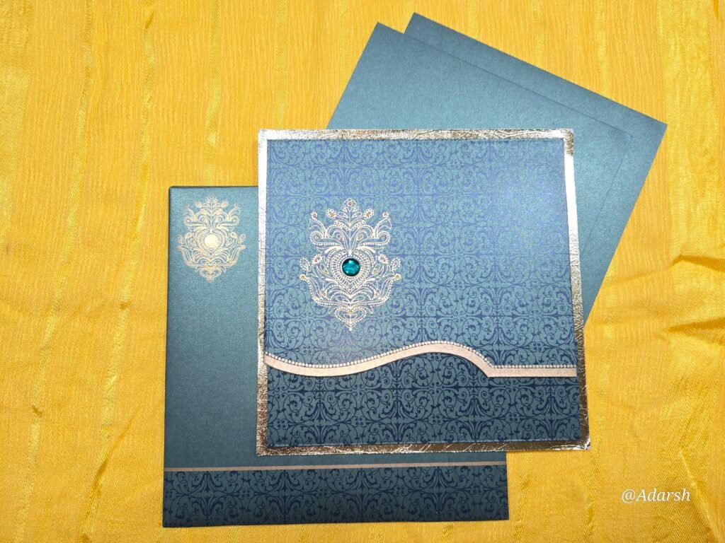 Teal Damask with Gold Foil Wedding Invitation Card